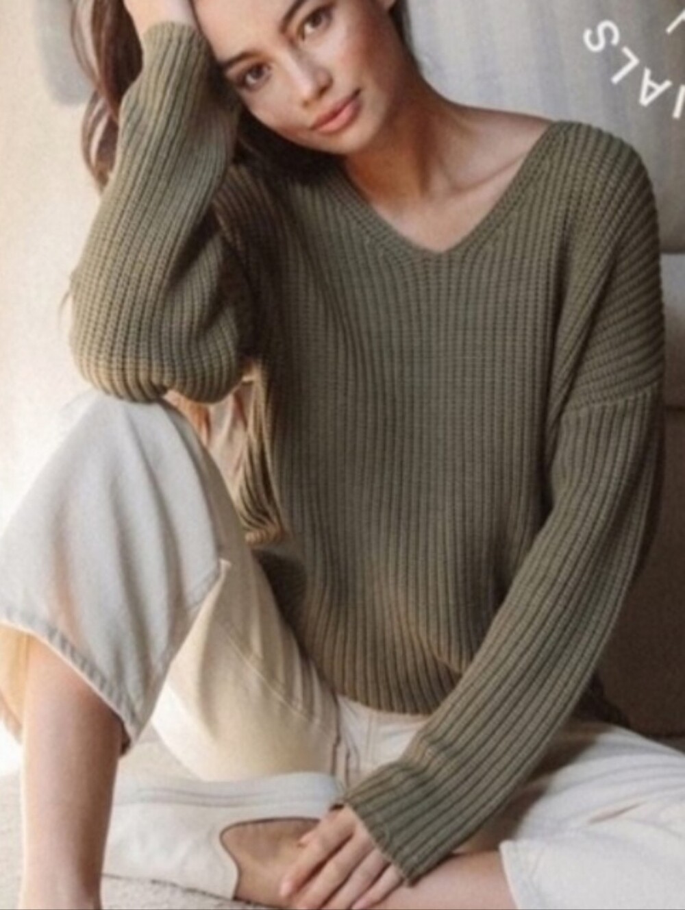 Jenni Kayne Cotton Cabin Sweater Ribbed Knit V Neck